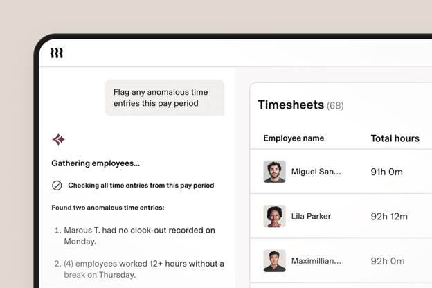 Rippling AI reviewing employee timesheets and flagging anomalous time entries before payroll is processed.