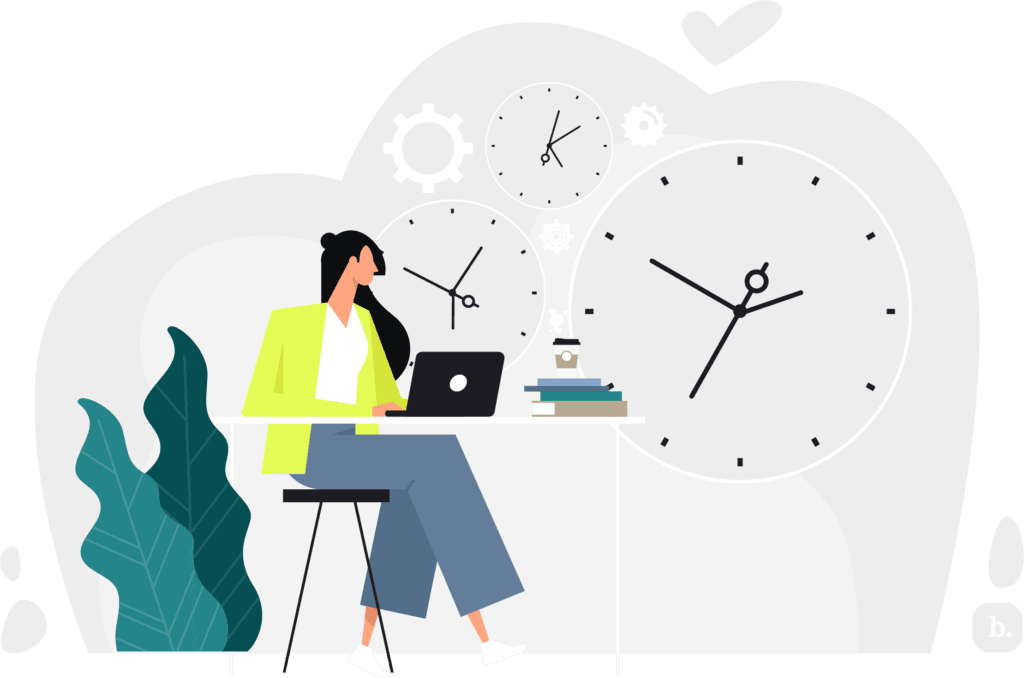graphic of a person sitting with a laptop with large clocks in the background