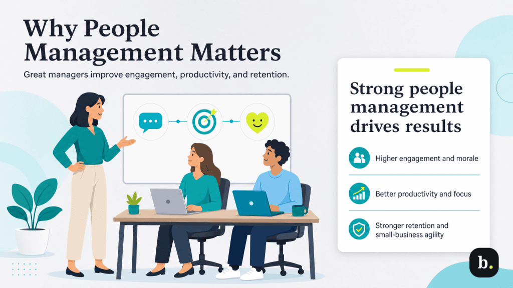 Infographic showing how strong people management can improve morale, efficiency and business performance.