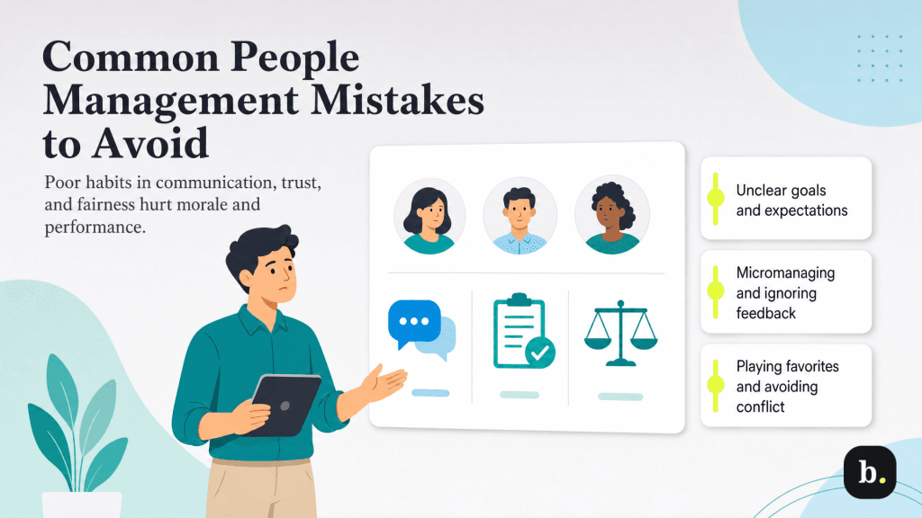 Infographic highlighting common people management mistakes, including poor communication, micromanaging, ignoring feedback, playing favorites and mishandling workplace conflict.