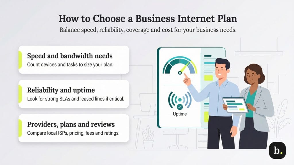image of what considerations are necessary (speed/bandwidth, reliability/uptime and plans/reviews) to find the right internet plan for your business