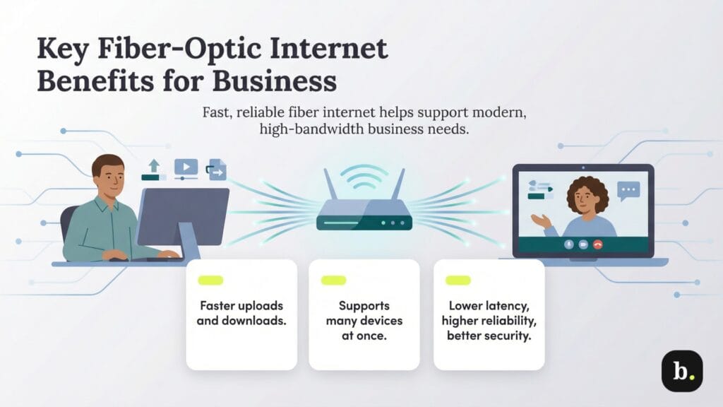 Illustration of some benefits of fiber-optic internet for businesses, including fast uploads and downloads, support for multiple devices and low latency.