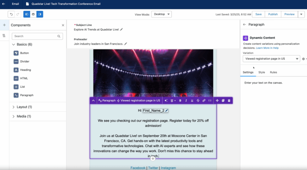 Marketing Cloud Next email editor showing a personalized campaign with drag-and-drop components, dynamic content and customer targeting settings.