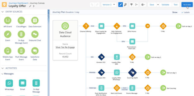 Salesforce Journey Canvas displaying an automated customer journey with branching workflows across email, SMS, WhatsApp and mobile messaging.