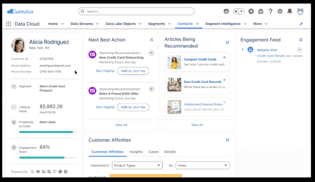 Salesforce Personalization dashboard displaying a customer profile with engagement score, customer affinities, AI recommendations and next-best marketing actions.
