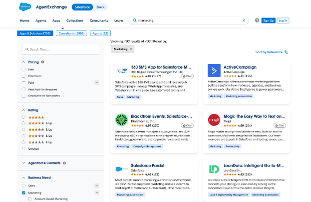 AgentExchange marketplace displaying 700 marketing-filtered apps and solutions for Salesforce.