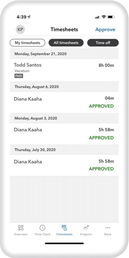 QuickBooks Time PTO approval screen on a mobile device