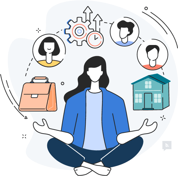 graphic of a person sitting cross-legged juggling symbols liek a house, family and gears