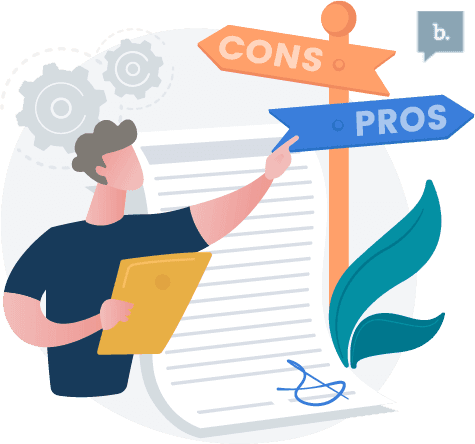 graphic of a person pointing to signs saying pros and cons