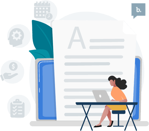 graphic of person using a laptop in front of a large document