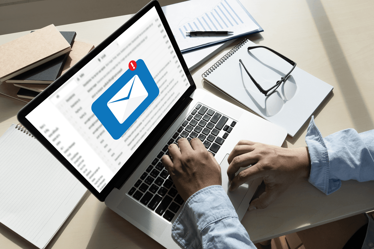 hands checking email on a laptop