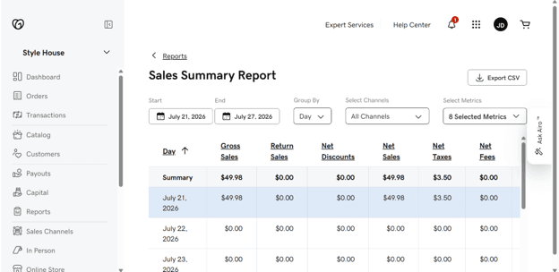 GoDaddy POS analytics dashboard showing a sales summary report.