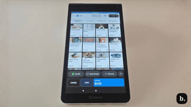 GoDaddy Smart Terminal Flex displaying the product catalog.