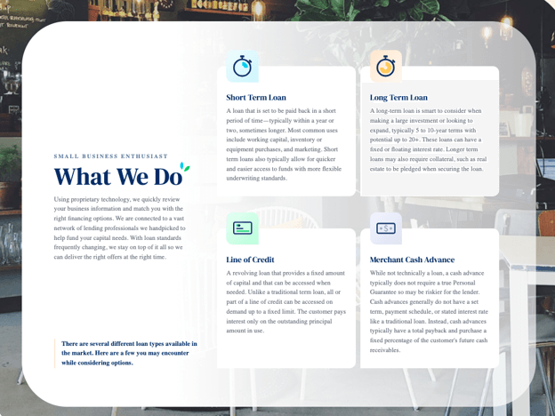 BusinessLoans.com infographic comparing four common financing options: short-term loans, long-term loans, business lines of credit and merchant cash advances.