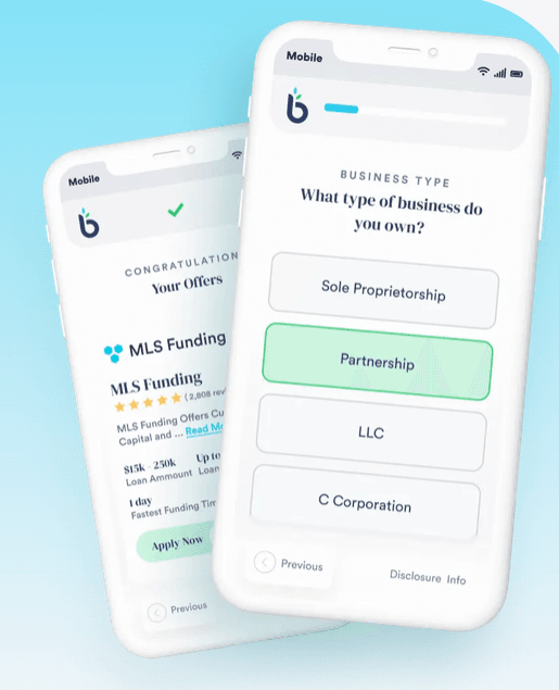 Mobile screens showing the BusinessLoans.com application process, including selecting a business type and viewing matched loan offers.