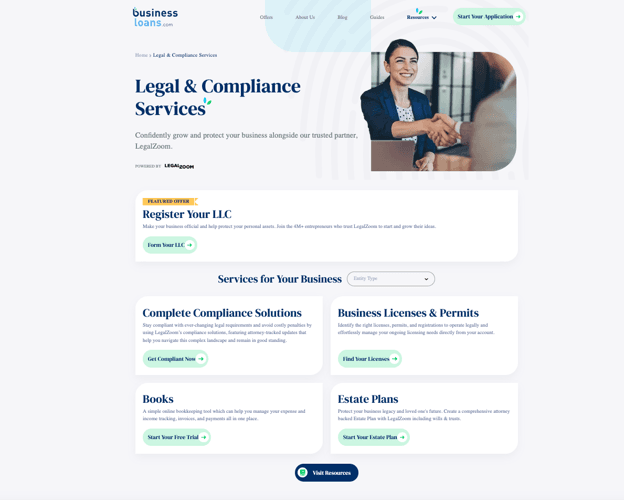 BusinessLoans.com Resources page featuring legal and compliance services, business licenses, bookkeeping tools and estate planning resources powered by LegalZoom.