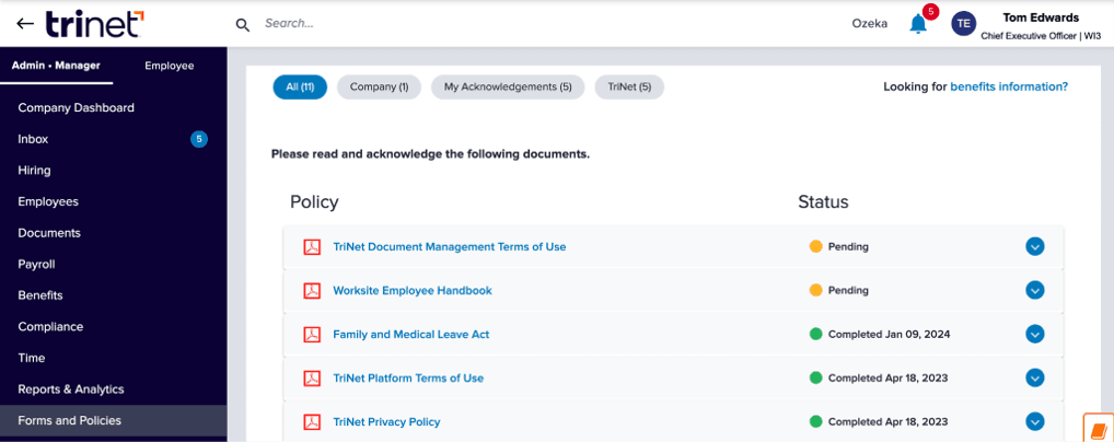 image of TriNet dashboard