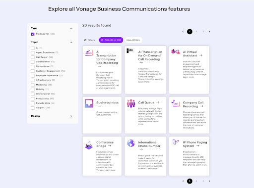 An image showing Vonage's business communications features and descriptions of each