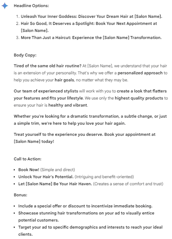 Gemini salon ad copy