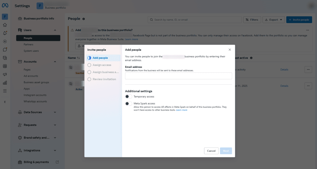 Meta Business Suite invite people