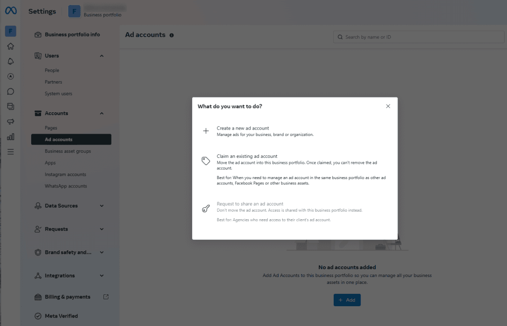 Meta Business Suite new ad account