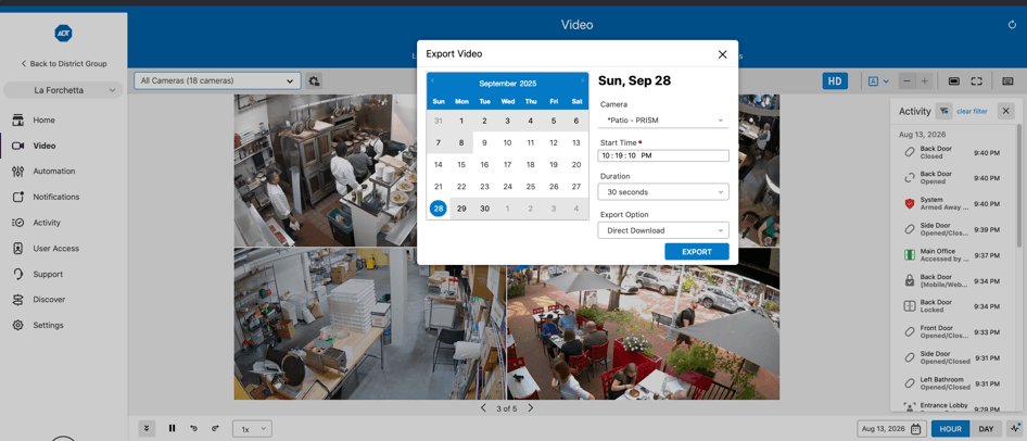 ADT video surveillance dashboard displaying multiple camera feeds, activity logs and video export controls.