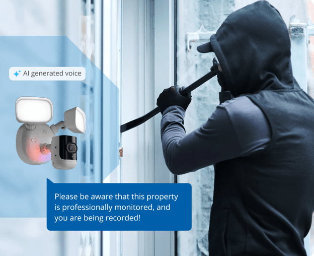 ADT AI Deterrence feature using a security camera and speaker to deliver an automated warning to a potential trespasser.