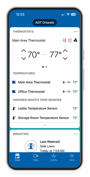 ADT Control mobile app showing thermostat controls, temperature sensors and automated climate management settings for a business.