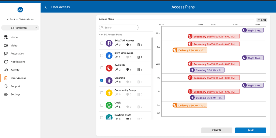 ADT's access control dashboard showing employee access groups, schedules and permissions for different areas of a business.