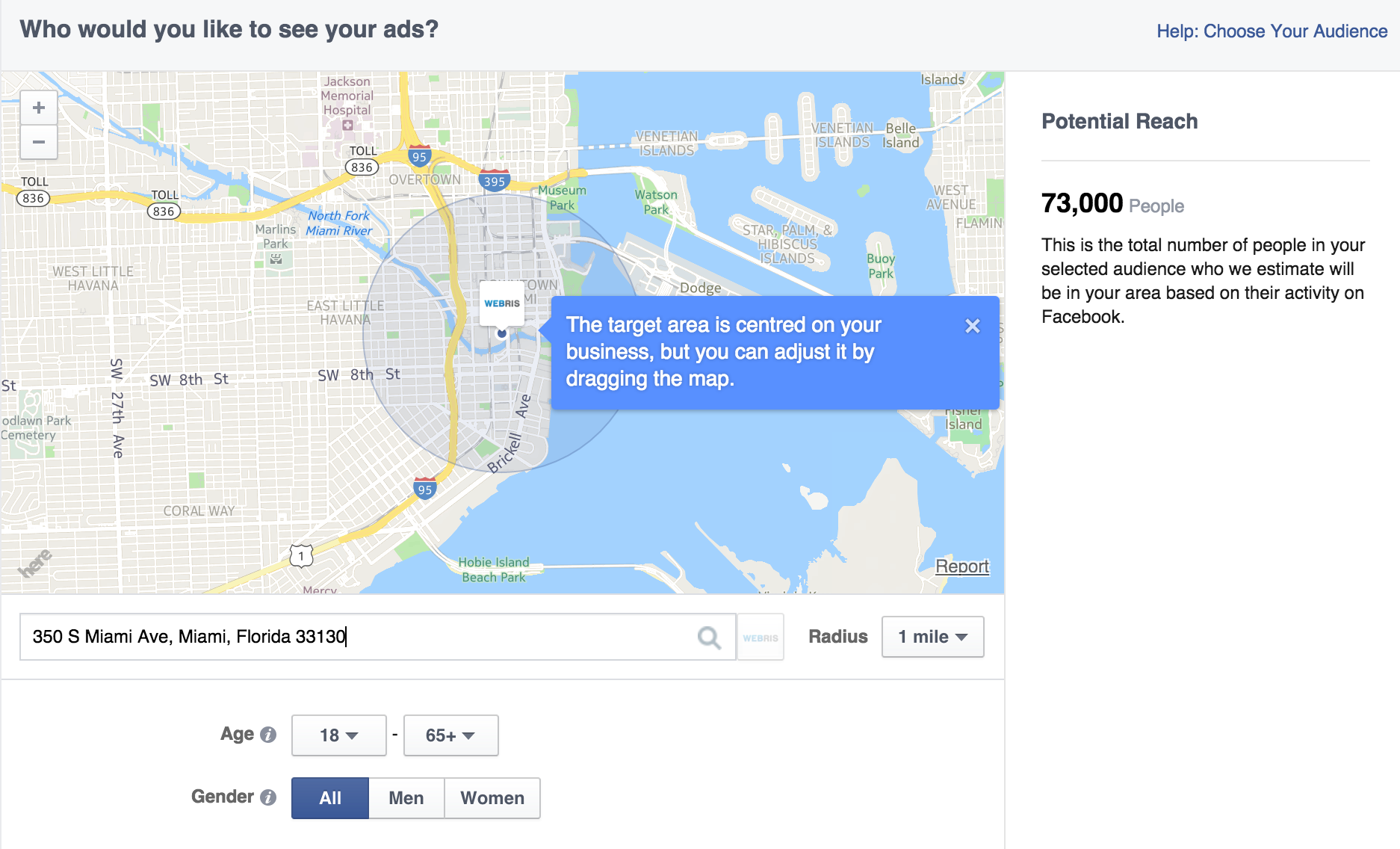 Facebook ZIP code potential reach tool