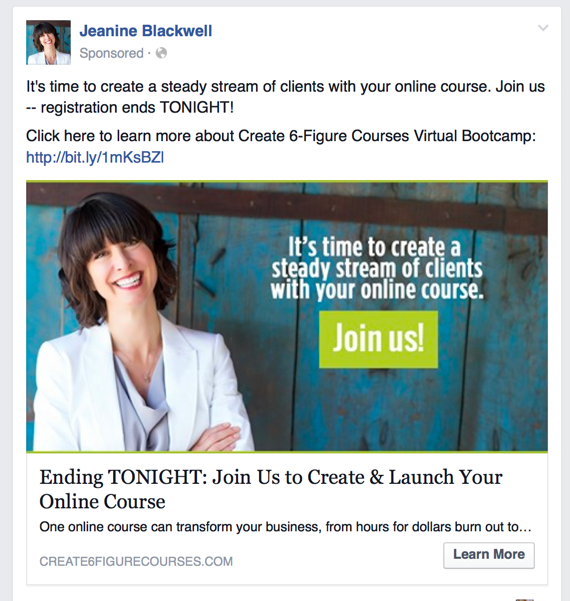 Facebook Ad Jeanine Blackwell Example 