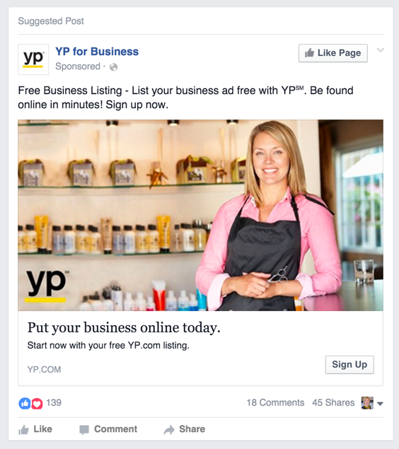 Facebook Ad for Yellow Pages, Example