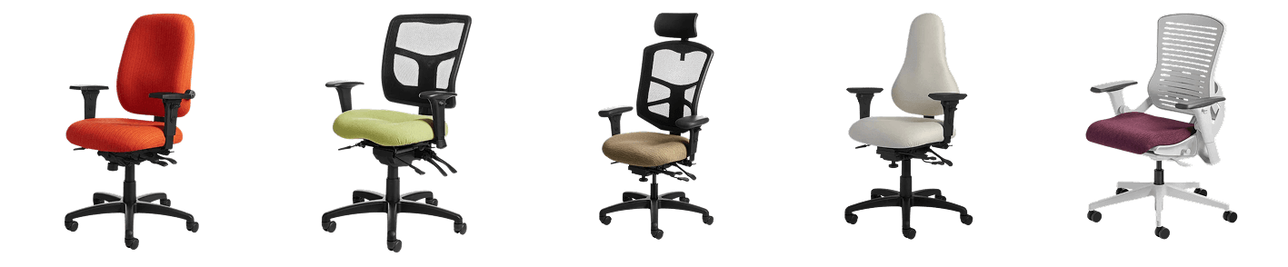 Five Office Master office chairs in a range of styles and colors